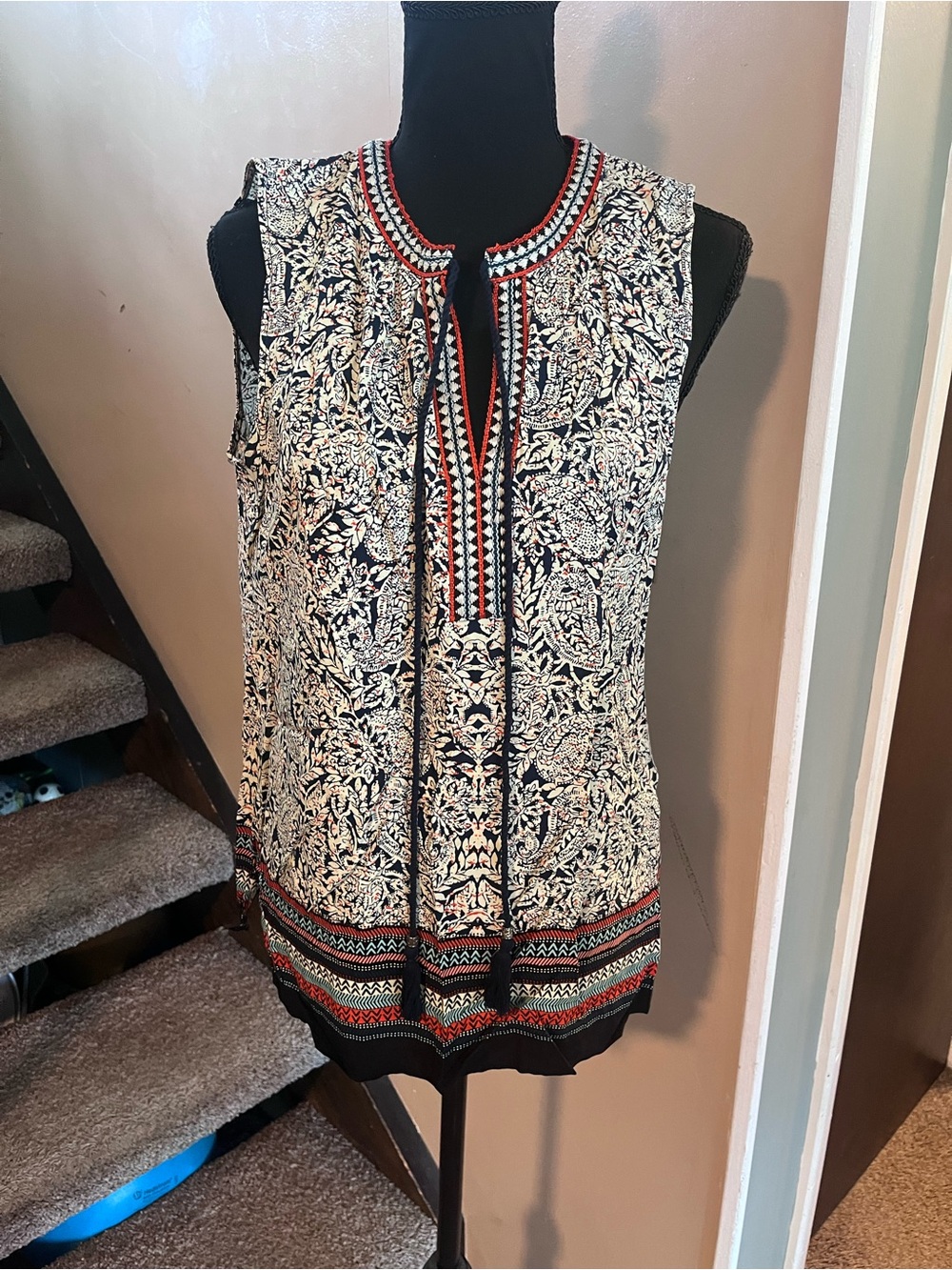 Daniel Rainn Sleeveless Boho Floral Paisley Tank Top Women's Medium Tassel